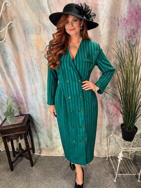 VTG📌Fortina Elegant Emerald Green Striped Coat Dress Double Breasted Chic